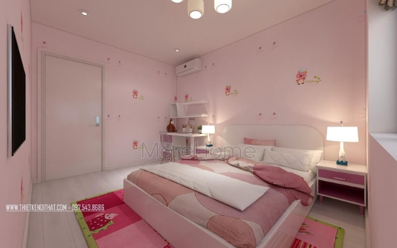 Giấy dán tường phòng ngủ đáng yêu với hình ảnh chú heo xinh xắn kết hợp đồ trang trí tràn ngập sắc hồng sẽ là lựa chọn tuyệt vời cho gái yêu của bạn. Thiết kế phòng ngủ nhà phố