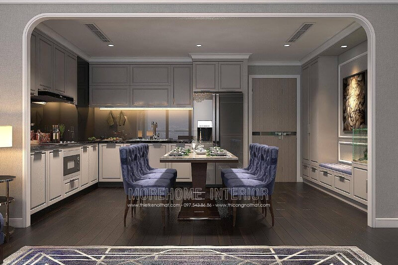 Tủ bếp gỗ công nghiệp sơn trắng với đường nét tân cổ điển đẹp mắt Thiết kế tủ bếp chung cư