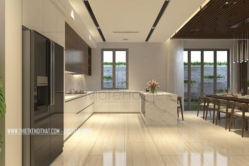 Khu vực bếp được thiết kế hiện đại với tông màu trắng mang đến sự sạch sẽ và ấm cúng tạo nguồn cảm hứng cho những món ăn ngon Thiết kế nội thất phòng bếp