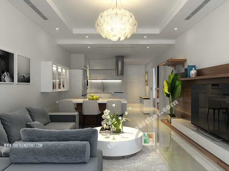 Mẫu thiết kế phòng khách cao cấp cho chung cư diện tích nhỏ với đồ nội thất hiện đại, tiện lợi.
