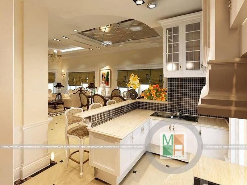 Thiết kế nội thất phòng bếp với tông màu trắng - đen là sự kết hợp nổi bật tạo cảm giác sạch sẽ và sang trọng