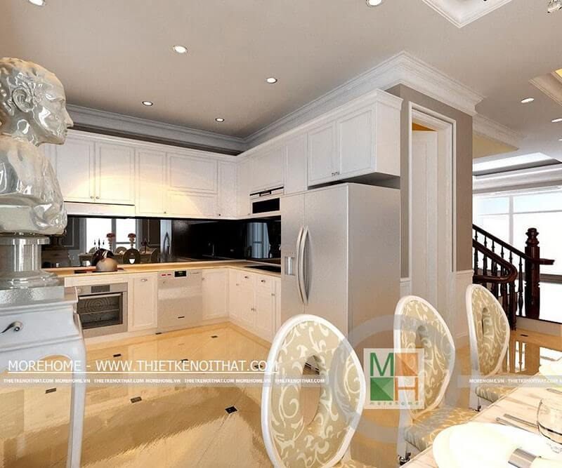 Thiết kế nội thất phòng bếp gỗ tân cổ điển, mặt tường bếp ốp đá màu đen cao cấp tạo không gian sạch sẽ và thoải mái