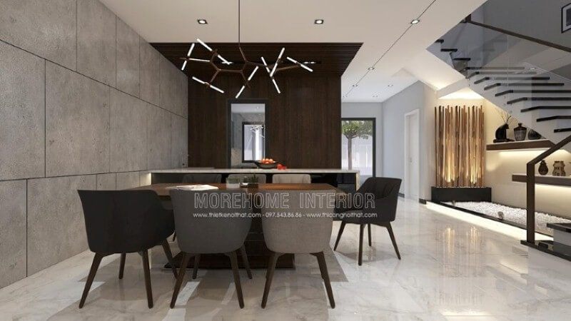 Thiết kế phòng ăn hiện đại độc đáo dành cho không gian rộng như nhà phố, biệt thự với ý tưởng trang trí mở phòng ăn liền kề phòng khách, phòng bếp.