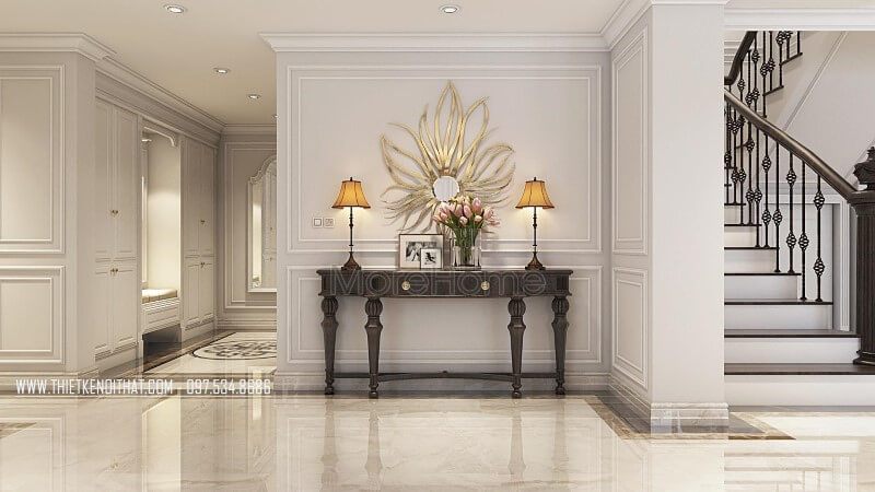 Mẫu kệ decor gỗ óc chó tân cổ điển đẹp cho căn hộ duplex Thanh Xuân Hà Nội