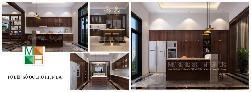 Mẫu tủ bếp hiện đại chữ I bằng gỗ óc chó đang là mẫu thiết kế HOT trong nội thất gia đình, bởi tính năng tiện dụng, bố trí cân đối diện tích phòng bếp.