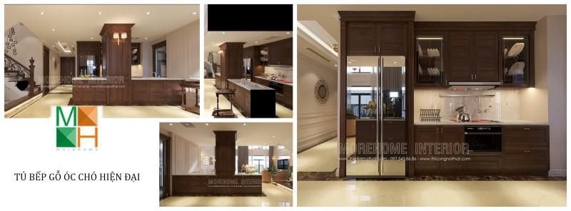 Mẫu thiết kế tủ bếp gỗ óc chó hiện đại giành cho chung cư cao cấp, phù hợp với không gian có diện tích nhỏ nhưng đáp ứng đầy đủ tiện ích.