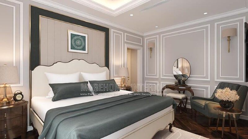Giường ngủ gỗ kết hợp cùng nệm ốp đầu giường viền kim loại mạ vàng đã tạo nên vẻ đẹp sang trọng, quý phái cho phòng ngủ tân cổ điển cao cấp.