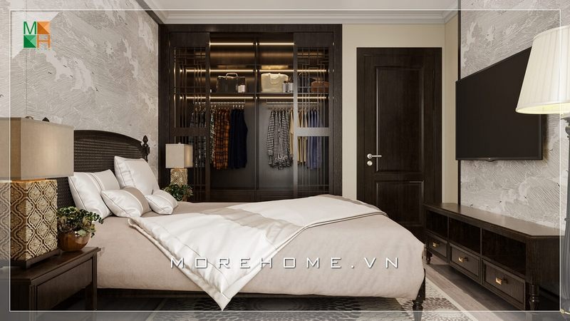 Thiết kế nội thất phòng ngủ gỗ tự nhiên với mẫu tủ quần áo âm tường giúp diện tích phòng rộng thoáng hơn