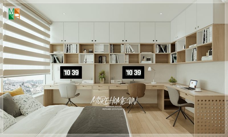 Bàn làm việc gỗ công nghiệp có hốc tủ hiện đại kê sát tường tối ưu không gian diện tích sử dụng tiện lợi thoải mái.