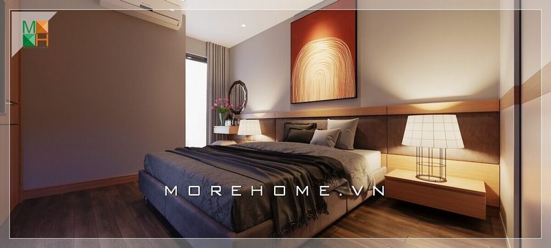 Một mẫu thiết kế nội thất phòng ngủ đẹp, hiện đại và đơn giản, đem lại cảm giác ấn tượng với kệ gỗ dài đầu giường được thiết kế gọn gàng, thông minh và sáng tạo.