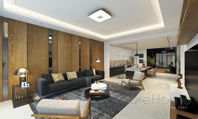 Lựa chọn nội thất gỗ, kính cường lực giúp phòng khách trông mát mẻ và có ánh sáng tự nhiên trong phòng