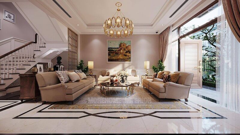 Bộ bàn ghế sofa tân cổ điển bọc da bò cao cấp đẹp tại không gian nội thất nhà biệt thự ở Hà Nội