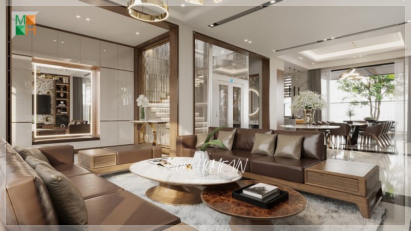 Bộ bàn ghế sofa phòng khách mang kiểu dáng thiết kế hiện đại kết hợp với bàn trà tạo nên sự ấn tượng hài hòa trong không gian của căn phòng.