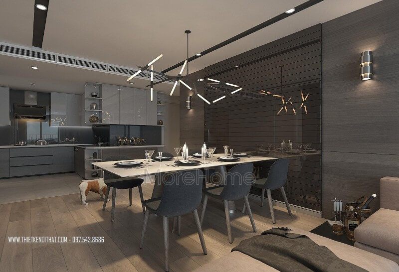 Bộ bàn ăn 6 người với màu nâu trầm ấm, được thiết kế hiện đại và ấn tượng với các chi tiết đèn nghệ thuật.