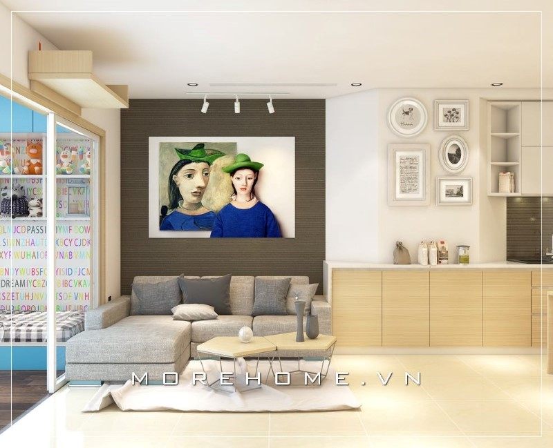 Ghế sofa màu xám được bố trí hài hòa cùng với cảnh quan tổng thể của nhà khiến cho người đến cảm nhận được sự cuốn hút đặc biệt ngay từ lúc vào căn phòng.