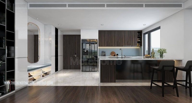 Mẫu gương bầu dục trang trí đối diện khu bếp nấu ăn, thêm rộng cho cả không gian