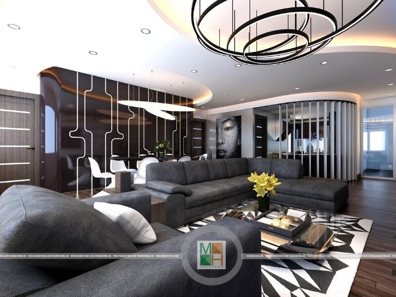 Mẫu thiết kế phòng khách chung cư đẹp, các kiến trúc sư Morehome sử dụng các hình khối đơn giản và cụ thể mang đến sự rõ ràng và thuận tiện cho gia chủ