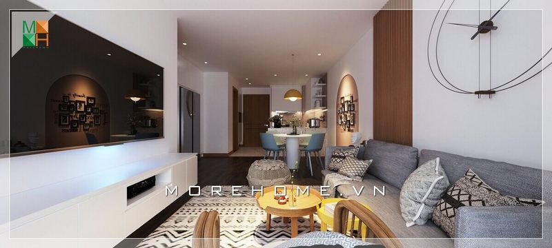 Kệ ti vi hiện đại và sang trọng là điểm nhắn trong căn phòng khách chung cư, thiết kế rất phù hợp cho diện tích căn nhà